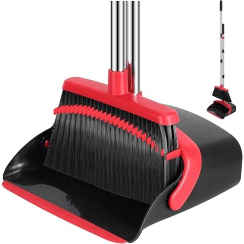 Broom and Dustpan Set, 52-in Long Adjustable Handle Broom Dustpan Combo with Dustpan Teeth to Automatically Clean Hair Suitable for Home Kitchen Office Hall Floor(Black&Red)