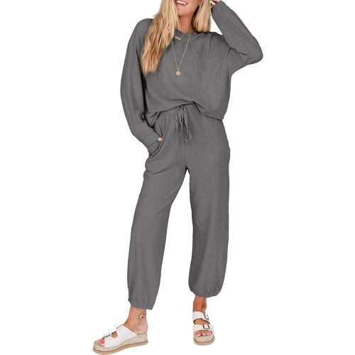 SHEWIN Women's 2 Piece Outfits Waffle Knit Lounge Sets Casual Long Sleeve Pullover Drawstring Jogger Pants Tracksuit Set