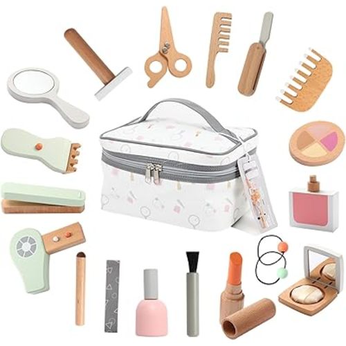 Wooden Kids Makeup Toy Set, Girls Pretend Cosmetic Bag Toys, Play House Beauty Salon Game, Birthday Gift for 3-9 Years Old Christmas 19pcs