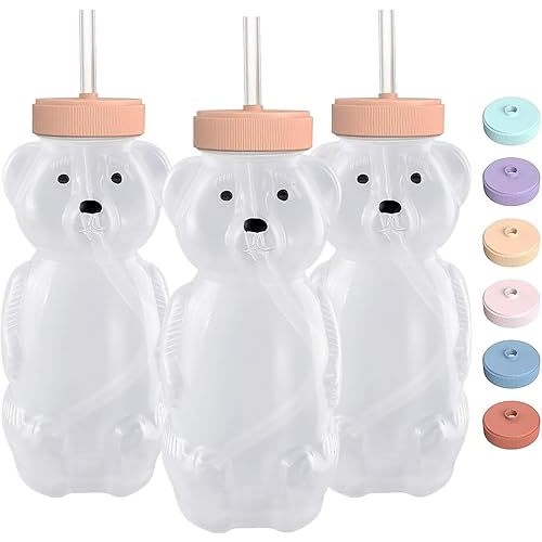 Honey Bear Straw Cups for Babies 3 pack, 8oz honeybear straw cup with improved safety lid design, Straw learning therapy cup. Leak-Proof & Food-Grade & BPA Free (PURPLE)