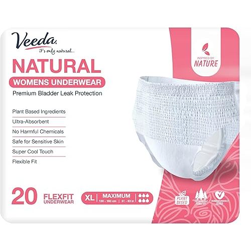 Veeda Natural Adult Incontinence Underwear for Women - Postpartum Underwear for Bladder Leakage Protection - Disposable Underwear with Maximum Absorbency - X-Large Size - 20 Count