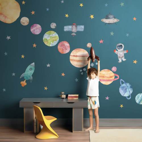 Space Wall Decals, Watercolor Solar System, Nursery Decals, Planet Wall Decals, Stars, Planets, Astronaut, Kids Wall Decals, Peel and Stick