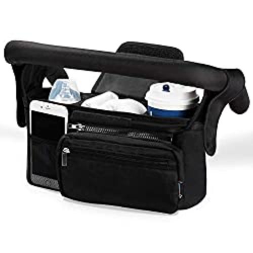 Momcozy Universal Stroller Organizer with Insulated Cup Holder Detachable Phone Bag & Shoulder Strap, Fits for Stroller like Uppababy, Baby Jogger, Britax, BOB, Umbrella and Pet Stroller - Black