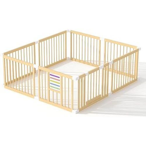 Baby Playpen with Gate, Wooden Playpen for Babies and Toddlers, Baby Play Yard with Colorful Acrylic Beads, Baby Fence Play Area with Suction Cups, Extra Large Play Pen Area Indoor(79 * 71 * 24Inch)