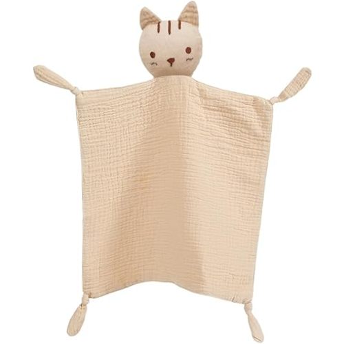 insular Lovey Blanket for Boys and Girls, Organic Cotton Muslin Security Blanket for Babies, Soft Breathable Lovie Soothing Towel for Newborn and Infant, Khaki Cat