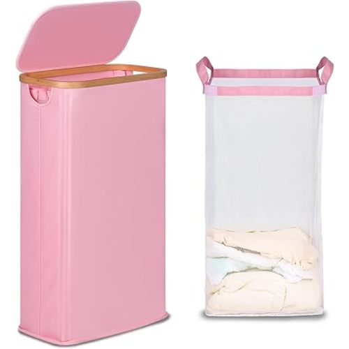 Slim Laundry Basket with Lid, Narrow Laundry Hamper with Removable Bag, Skinny Dirty Clothes Basket with Bamboo Handles for Bathroom, Bedroom & Laundry Room, 63L Pink