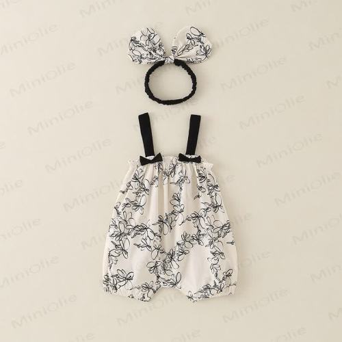 6-12 mos- Baby Girl Flower Suspender Romper with Headband