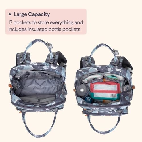 BabbleRoo Diaper Bag Backpack - Baby Essentials Travel Tote - Multi Function Waterproof Diaper Bag, Travel Essentials Baby Bag with Changing Pad, Stroller Straps & Pacifier Case - Unisex, Sea Animals