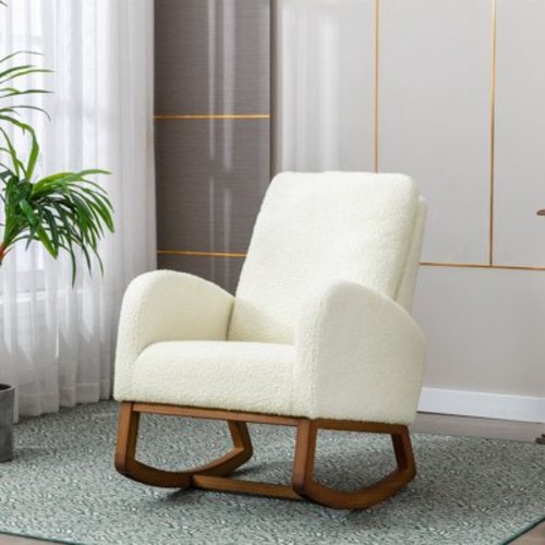 MOONMISS Teddy Febric Upholstered High Back Mid-Century Modern Nursery Rocking Chair with Side Pocket-Cream