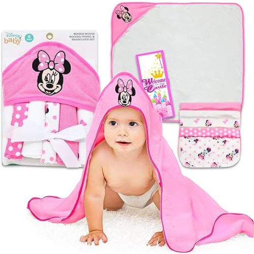 Disney Minnie Mouse Hooded Towel Set for Baby Boy Girl - Bundle with Minnie Hooded Microfiber Towel, 5 Washcloths, and More | Minnie Mouse Pool and Bathroom Set