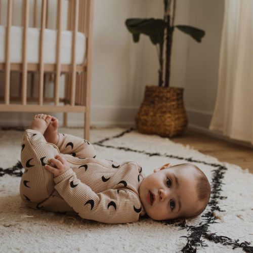 Organic Waffle Basic Zip Romper, Tan/Black Moon