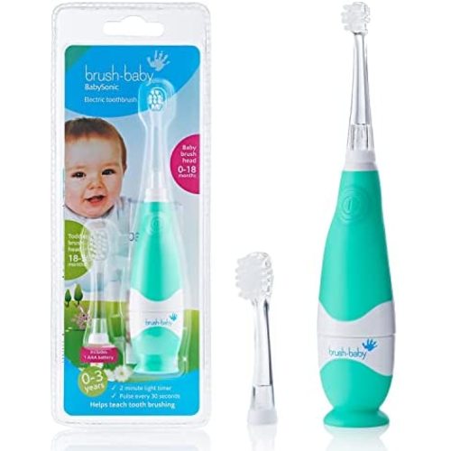 brush-baby BabySonic Infant and Toddler Electric Toothbrush for Ages 0-3 Years - Smart LED Timer and Gentle Vibration Provide a Fun Brushing Experience - Includes 2 Sensitive Brush Heads (Teal)