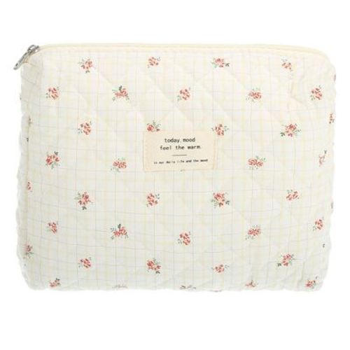 Unique Bargains Durable Medium Quilted Makeup Bag Beige Red 1 Pc