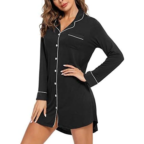 Samring Pajama Nightgown for Women Short/Long Sleeve Button Down Nightwear Top Boyfriend Sleep Shirts Nightdress S-XXL