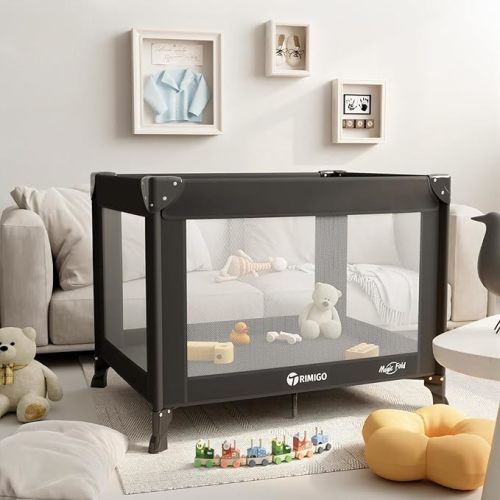 Portable Travel Crib & Playpen - Baby Safe Folding Travel Bed w/Mattress, Breathable Mesh | Compact Lightweight Baby Bed | Pack and Play for Babies & Toddlers (Black)
