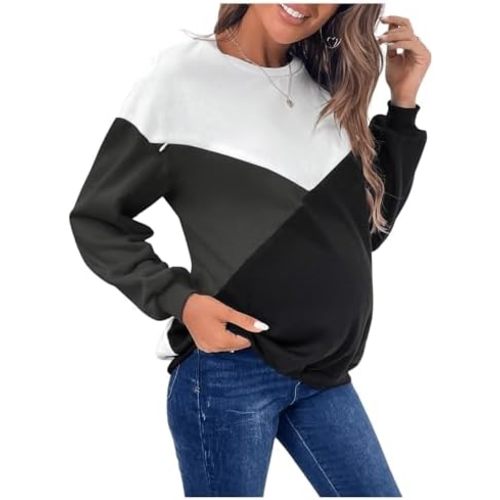SweatyRocks Women's Maternity Color Block Sweatshirts Crewneck Zipper Nursing Pullover Tops