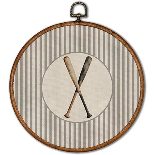 KSDUT Vintage Baseball Wall Art Decor - Retro Sports Trendy Wall Art Canvas Frame Hanging Prints, Nursery Sports Gallery Round Artwork Decor for Kids Boys Room Home Decorations 10"x10"