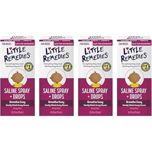 Little Remedies Saline Spray/Drops | for Noses to Breathe Easily | Gently Wash Away Mucus | Newborn Safe 0.5 Fl Oz (Pack of 4)