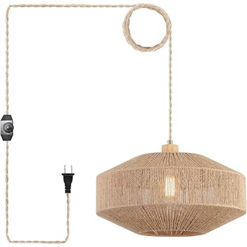 Coastal Large Woven Plug in Pendant Light with 14ft Handmade Woven Light Cord, Dimmable Switch, Natural Hemp Rope Hanging Lamp for Kitchen Island Farmhouse Dining Room Living Room,17.8 inch Width