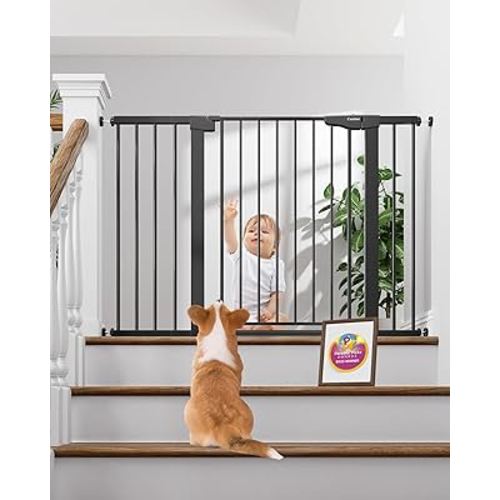 Cumbor 29.7-48" Baby Gate for Stairs, Mom's Choice Awards Winner-Dog Gate for Doorways, Auto Close Safety Pet Gate for Dogs Indoor, Easy Install Pressure Mounted Child Gate with Walk Thru Door, Black