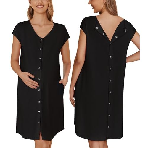 Ekouaer Labor/Delivery/Hospital Gown Nursing Nightgown Maternity Sleepwear With Pockets Postpartum Gowns with Button S-XXL