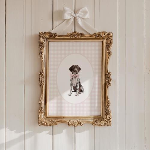 German Shorthaired Pointer Nursery Decor, Watercolor GSP Dog Nursery Print, Baby Girl Nursery, Pink Gingham Wall Print, Coquette Pink Bow