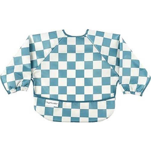 Tiny Twinkle Mess Proof Baby Bib, Cute Full Sleeve Bib Outfit, Waterproof Bibs for Toddlers, Machine Washable, Tug Proof, Baby Smock for Eating, Long Sleeved (Checkers Blue, Small 6-24 Months)