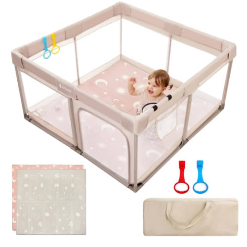 Baby Playpen with Mat, 50x50 in Small Play Pen for Babies, Toddler Playpen for Apartment, Indoors Play Yard with Soft Breathable Mesh (Beige with Mat)