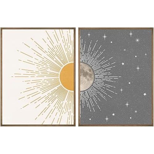 Sun Moon Boho Wall Decor, 2 Set 12x16 inch Celestial Posters, Mid Century Modern Prints for Wall Art, Wall Decor for Bedroom