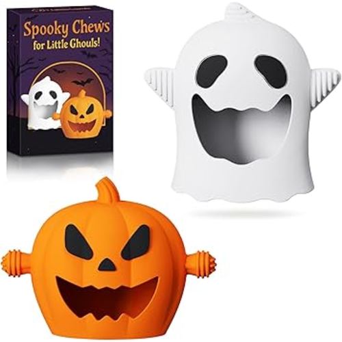 Halloween Baby Teething Mitten Toys 2Pack, Silicone Pumpkin & Ghost Teethers for Newborns, Infants & Toddlers, Easy-Grip Hand Teething Gloves for Relief, Perfect Baby’s First Halloween Basket Stuffers