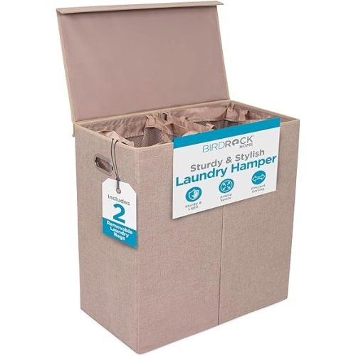 BIRDROCK HOME Laundry Hamper with Lid | Removable Bags for Sorting Clothes | Sectioned Laundry Basket for Bedroom & Bathroom | Collapsible Storage Bin with Cover | Double, Cream