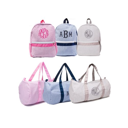 Two Bag Kids Travel Set, Seersucker Duffel Bag and Backpack Personalized, Monogrammed Child Duffle Bag & Backpack Set, navy, pink, gray