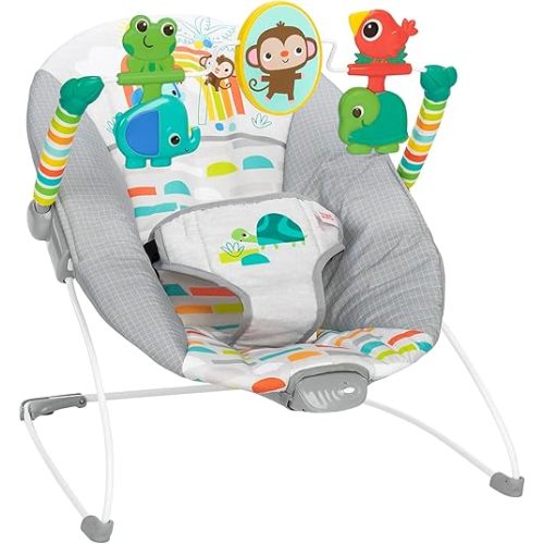Bright Starts Playful Paradise Comfy Baby Bouncer Seat with Soothing Vibration and Toys, Unisex, 0-6 Months