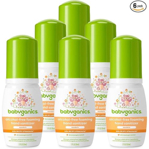 Babyganics Foaming Pump Hand Sanitizer, Alcohol Free, Travel Size, Mandarin, Kills 99.9% of Common Bacteria, Moisturizing, 1.69 Fl Oz (Pack of 6)