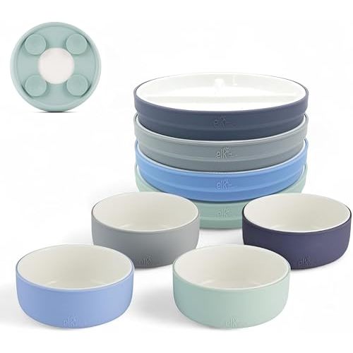 Elk and Friends Kids Porcelain Mealtime Bundle | Suction Sleeve | 7.8" Plates & Bowls | 8 Pcs | Microwave & Dishwasher Safe