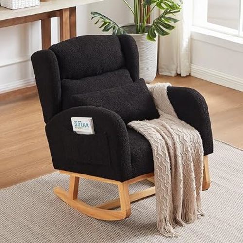 Rocking Chair Nursery, Glider Rocking Accent Chair with Rubber Wood Legs, High Back Pocket Modern Upholstered Nursery Chair, Comfy Accent Rocker Armchair for Living Room Bedroom,Black
