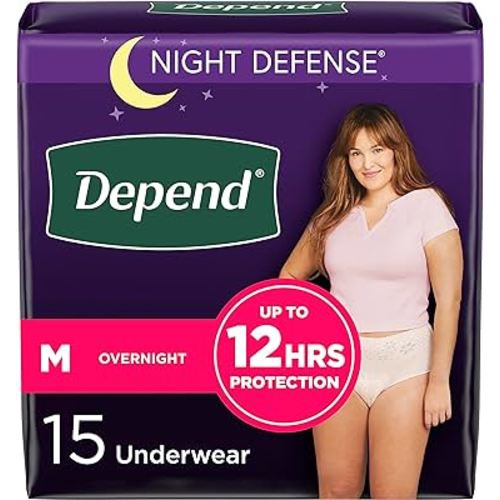Depend Night Defense Adult Incontinence & Postpartum Bladder Leak Underwear for Women, Disposable, Overnight, Medium, Blush, 15 Count, Packaging May Vary