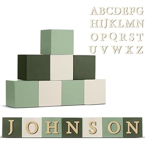 Kigley 8 Pcs Custom Wooden Name Sign 8 Letter Blocks and 78 Wooden Letter Name Wooden Cubes Wooden Blocks for Montessori Shower Name Alphabet Wood Signs (Green)