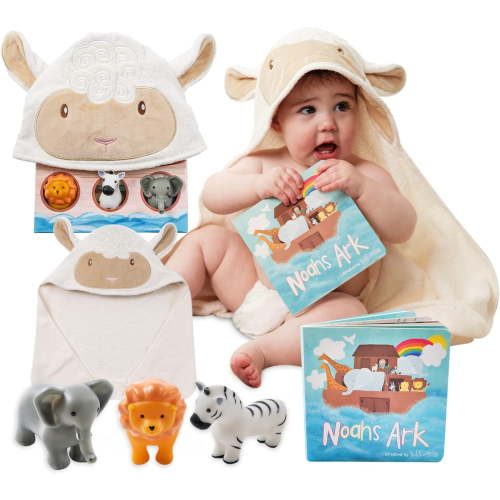 Tickle & Main Noahs Ark Baby Gift Set, 5-Piece Baby Bath Gift with Book, Hooded Towel, & Animal Squirt Toys