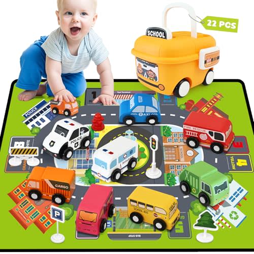 Wooden Cars Toys for Toddler Boy, 22 PCS Cars and Trucks Toy Vehicles Set with Traffic Signs, Playmat, Storage Box, Wood Toys Cars for Toddlers Baby Boys Kids Birthday Gift Educational Play