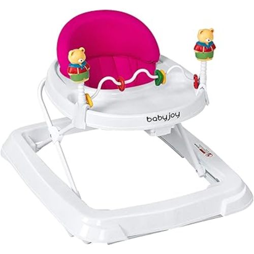 BABY JOY Baby Walker, Foldable Activity Walker with Adjustable Height, Large Tray & Removable Toys, Baby Walker with Wheels for Boys Girls 6-18 Months (Pink)