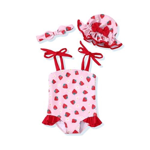 Renotemy Baby Girl Swimsuit Toddler Girls One-Piece Swimsuit Summer Beach Bikini Girl Bathing Suits with Hat 0-24 Month