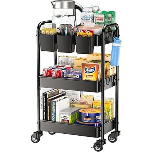 YASONIC 3 Tier Rolling Cart - Metal Utility Cart with 3 Hanging Cups & 4 Hooks, 66LBS Capacity, Mesh Rolling Storage Cart Organizer, Easy Assembly, Rolling Carts with Wheels for Kitchen Office