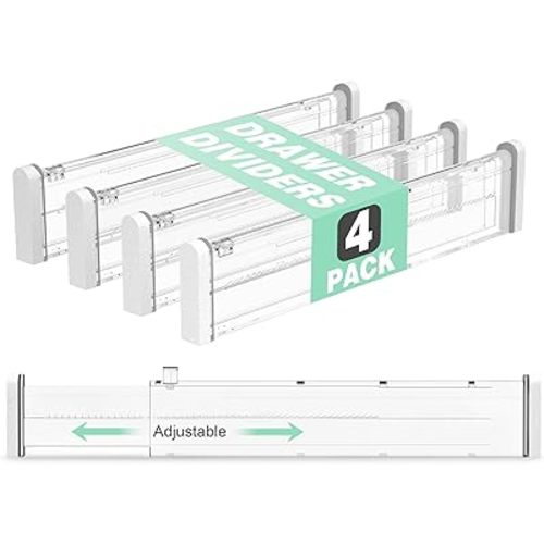 Expandable Drawer Dividers 4 Pack, 2.36" High, 12.6-22.8 Clear Drawer Organizers for Utensils, Clothes, Adjustable Kitchen Drawers Separators in Dresser, Bedroom, Bathroom, Office Storage