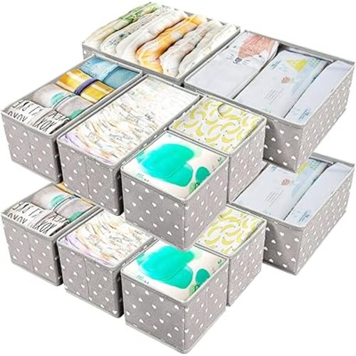 Fabric Drawer Organizer Bins for Nursery – 12 Pack Clothe Drawer Dividers for Baby Dresser, Grey Heart Pattern Storage Boxes for Clothes, Diapers & Accessories