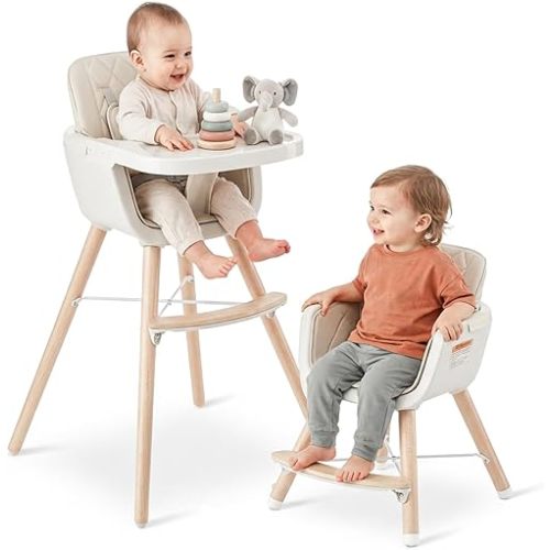 Mallify 3-in-1 Wooden High Chair, Convertible High Chairs for Babies and Toddlers, Baby Highchair with Adjustable Legs & Dishwasher-Safe Tray, Sleek Hardwood & Premium PU Cushion, Beige