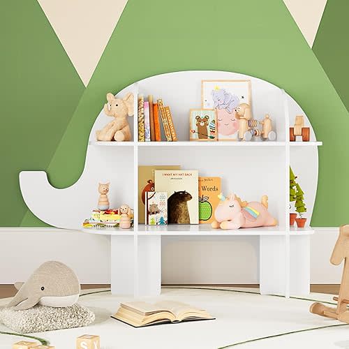 Elephant Kids Bookshelf, 2-Tier Bookshelf for Kids, Baby Bookshelf and Toy Storage, Wooden Kids Bookcase, Toddler Book Shelf Organizer for Kids Rooms, Nursery, Bedroom, Playroom, White