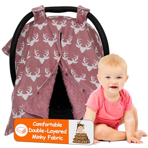 Dear Baby Gear - Baby Car Seat Canopy - Toddler Carrier Cover - Infant Car Seat Cover - Carseat Covers with Snap Opening - Carseat Canopies for Boys & Girls - 40x30" (Antlers on Dusty Rose, Pink Dot)