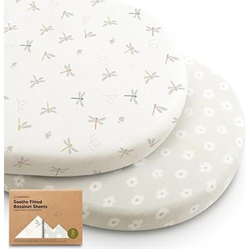 2-Pack Organic Bassinet Sheets for Girls, Boys - 100% Cotton Bassinet Mattress Sheets Compatible with Halo Bassinest Swivel Sleeper, Graco, Baby Delight, Chicco, Unisex Fitted Bassinet Sheets (Meadow)