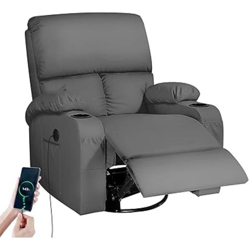 Rocking Recliner Chair, Massage Rocker Recliner Chair with Vibration Massage and Heat, USB and Type-C Ports,360° Swivel Faux Leather Chairs, Living Room, Bedroom, Nursery, RV, Dark Grey
